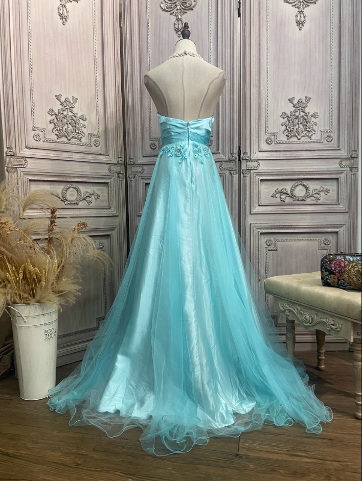 Vintage Mint Ice Blue A-Line Strapless 3D Floral Embroidery Satin Tulle Long Prom Dress Evening Dress P4344