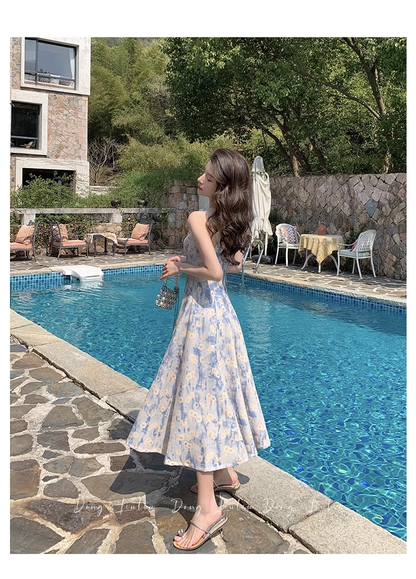 Design Sense Blue Painting Long Dress Holiday Beach Floral Spaghetti Strap Dress TP2960