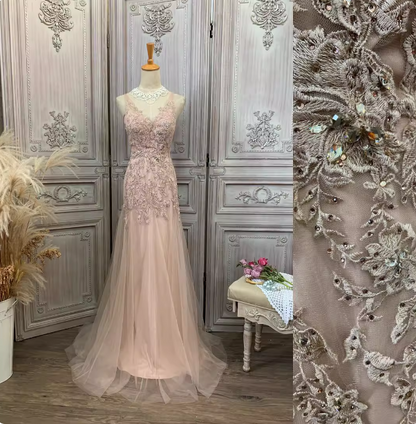Elegant Pink Mermaid V-Neck Lace Embroidery Tulle Long Prom Dress Evening Dress P4346