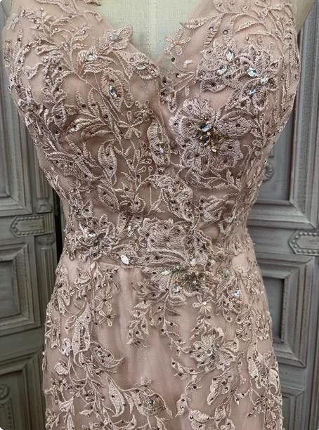 Elegant Pink Mermaid V-Neck Lace Embroidery Tulle Long Prom Dress Evening Dress P4346