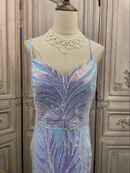 Dreamy Light Blue Ombre Mermaid Spaghetti Strap Iridescent Sequin Train Prom Dress Evening Dress P4347