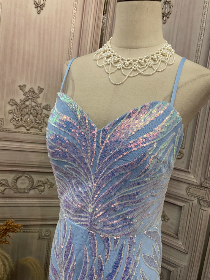 Dreamy Light Blue Ombre Mermaid Spaghetti Strap Iridescent Sequin Train Prom Dress Evening Dress P4347