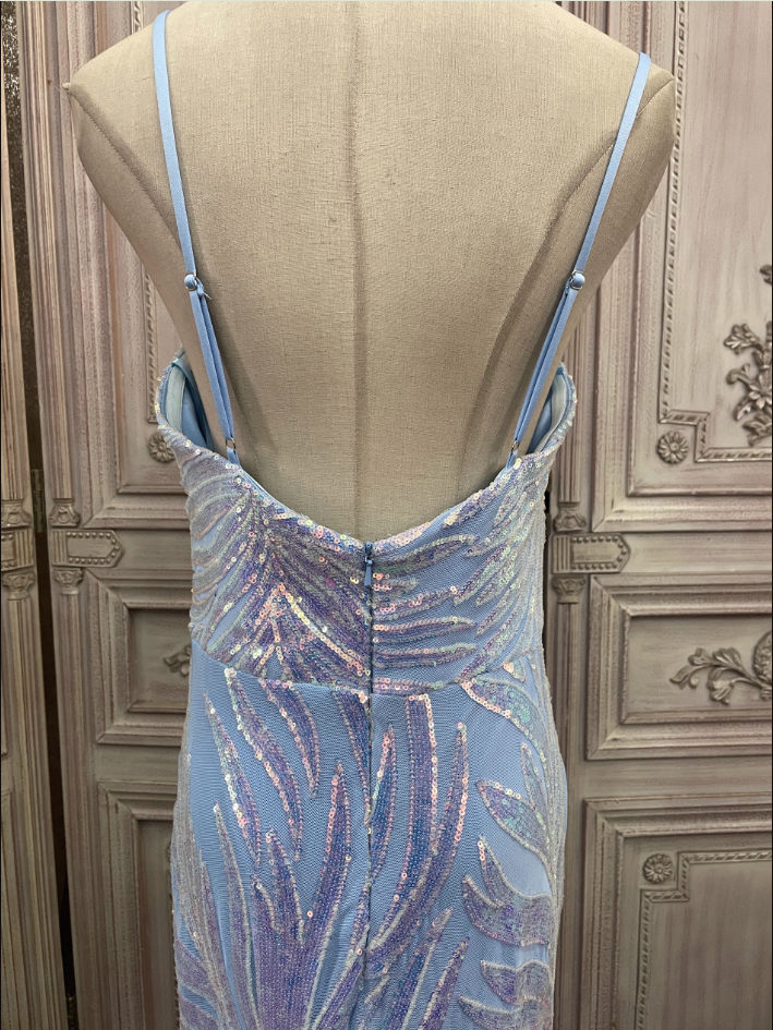 Dreamy Light Blue Ombre Mermaid Spaghetti Strap Iridescent Sequin Train Prom Dress Evening Dress P4347