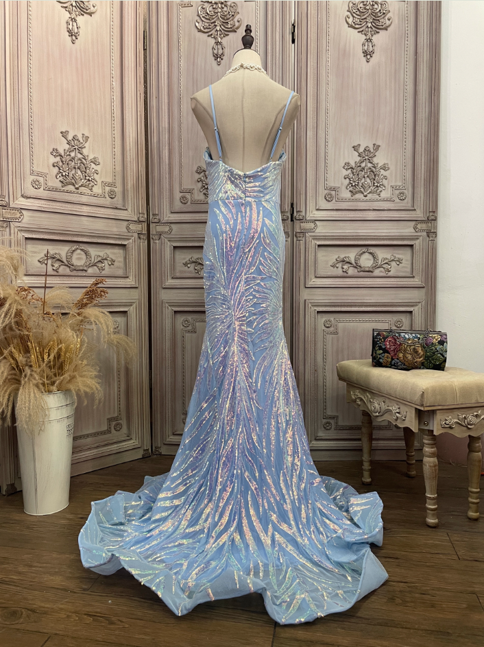 Dreamy Light Blue Ombre Mermaid Spaghetti Strap Iridescent Sequin Train Prom Dress Evening Dress P4347