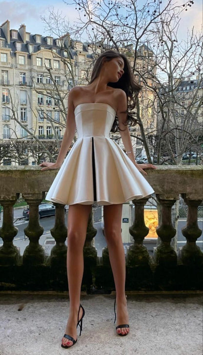 Satin high-quality texture tube top waist A-line elegant short skirt homecoming dress R3663