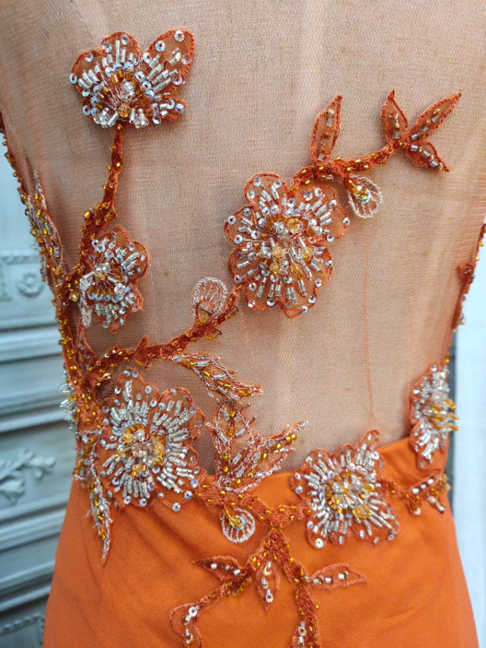 Elegant Orange Mermaid Spaghetti Strap Beaded Chiffon Long Prom Dress Evening Dress P4349