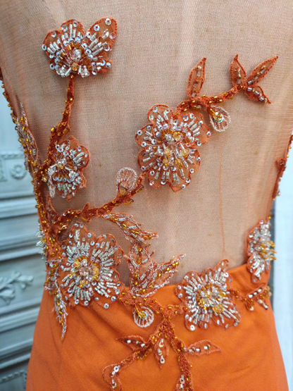 Elegant Orange Mermaid Spaghetti Strap Beaded Chiffon Long Prom Dress Evening Dress P4349