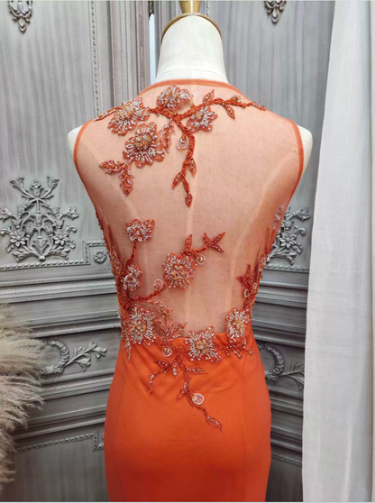 Elegant Orange Mermaid Spaghetti Strap Beaded Chiffon Long Prom Dress Evening Dress P4349