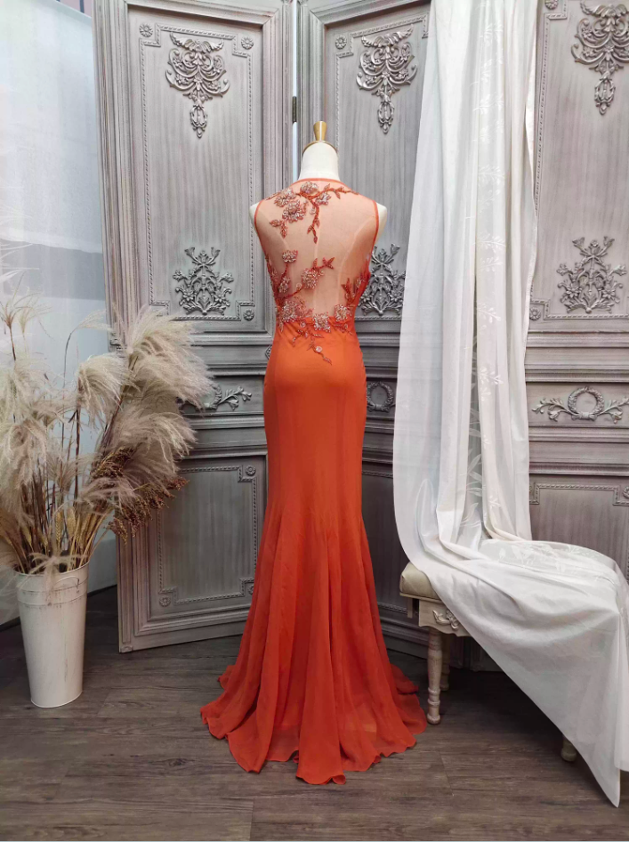 Elegant Orange Mermaid Spaghetti Strap Beaded Chiffon Long Prom Dress Evening Dress P4349