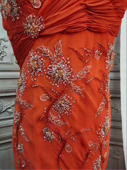 Elegant Orange Mermaid Spaghetti Strap Beaded Chiffon Long Prom Dress Evening Dress P4349