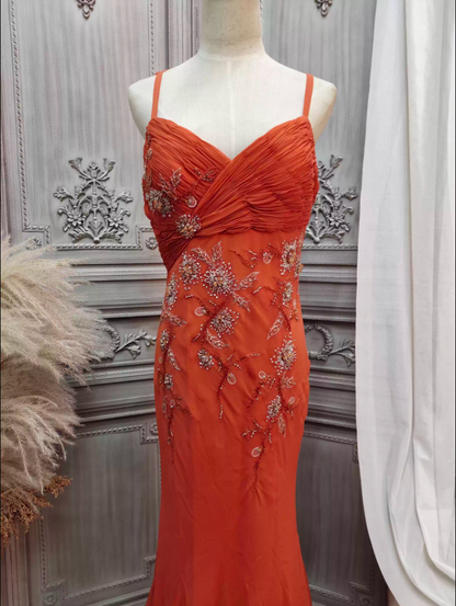 Elegant Orange Mermaid Spaghetti Strap Beaded Chiffon Long Prom Dress Evening Dress P4349