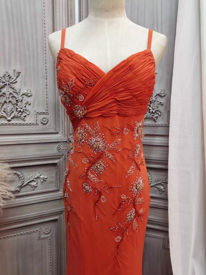 Elegant Orange Mermaid Spaghetti Strap Beaded Chiffon Long Prom Dress Evening Dress P4349