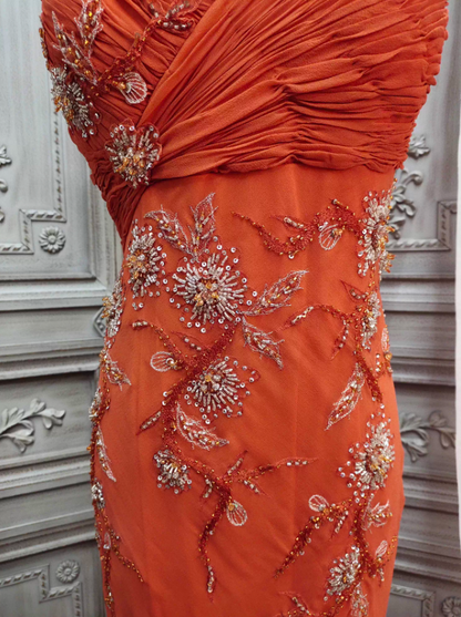 Elegant Orange Mermaid Spaghetti Strap Beaded Chiffon Long Prom Dress Evening Dress P4349