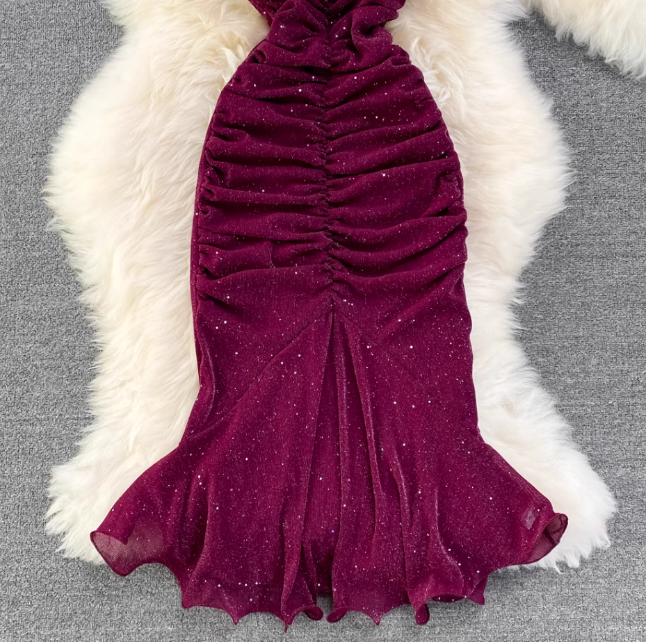 Evening dress high-end atmospheric slim long dress sequined halter neck backpack hip fishtail dress R0399