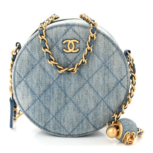 Denim Quilted Round Pearl Crush Clutch With Chain Blue