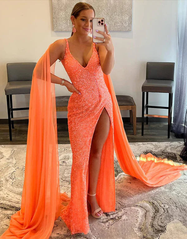 omberprom Fashion Mermaid Evening Dress V Neck Sequin Prom Dress with Slit