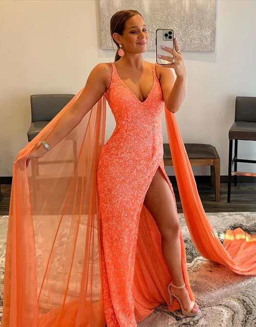 omberprom Mermaid Fashion Evening Dress V Neck Sequin Prom Dress with Slit