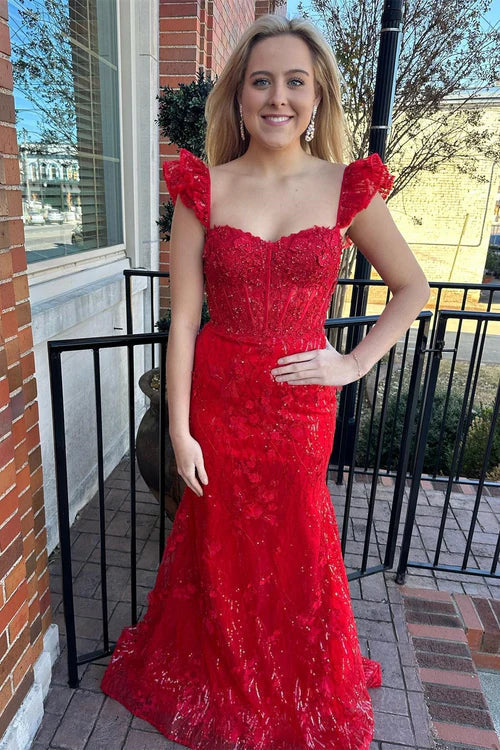 omberprom Red Evening Dress Appliques Sweetheart Flutter Sleeve Mermaid Long Prom Dress