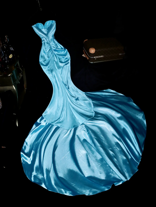 Blue strapless, fitted, bodycon mermaid long ball gown R6998