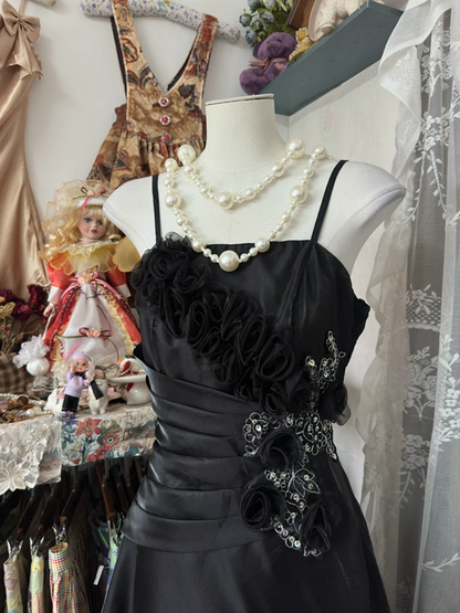 Black backless fitted satin A-line gown, ball gown R6358