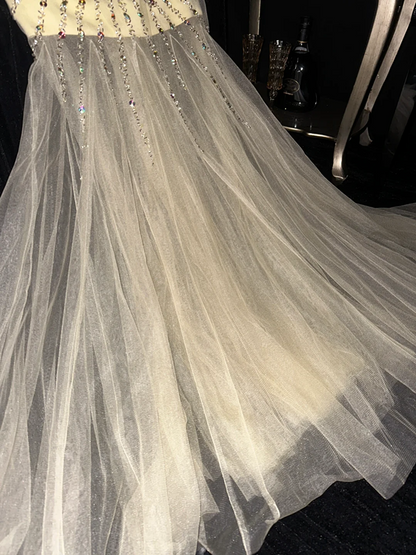 Apricot strapless fitted waist fairy long ball gown R6958