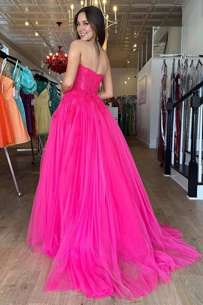 omberprom A-Line Graduation Dresses Hot Pink Tulle Lace StraplessLong Prom Dress