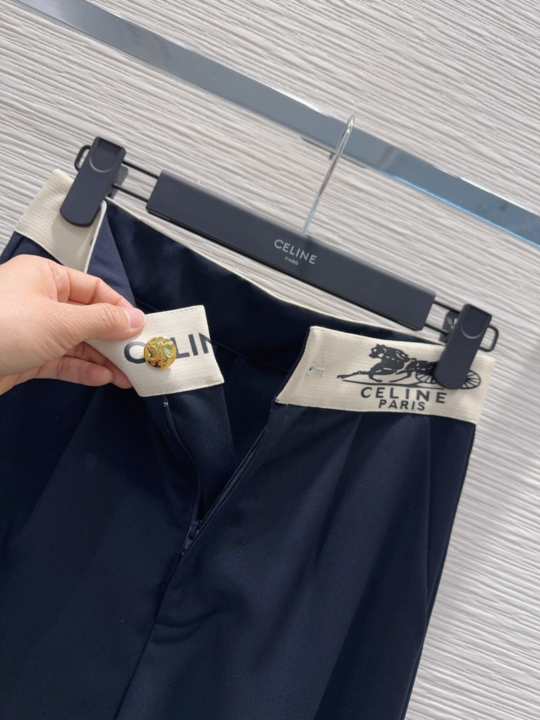 Celine 26S Wide-leg Trousers Celine Belt Navy Blue Polyester Viscose 351295