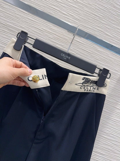 Celine 26S Wide-leg Trousers Celine Belt Navy Blue Polyester Viscose 351295