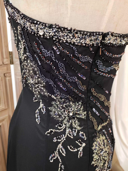 Vintage Black Mermaid Halter Neck Beaded Chiffon Long Prom Dress Evening Dress P4350