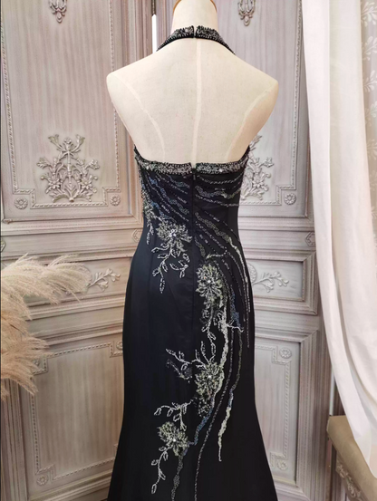 Vintage Black Mermaid Halter Neck Beaded Chiffon Long Prom Dress Evening Dress P4350