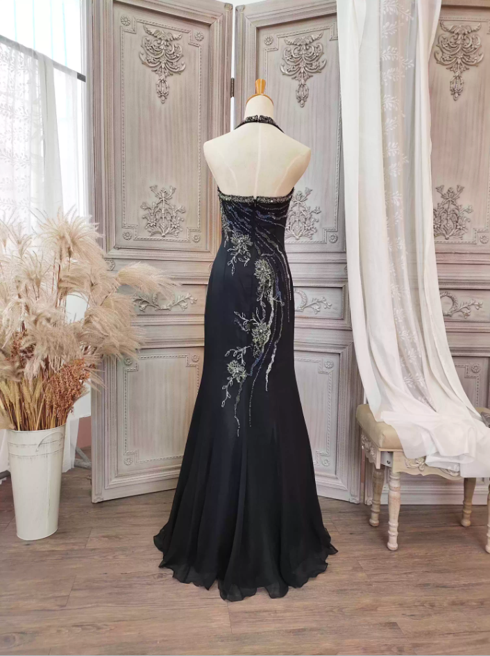 Vintage Black Mermaid Halter Neck Beaded Chiffon Long Prom Dress Evening Dress P4350