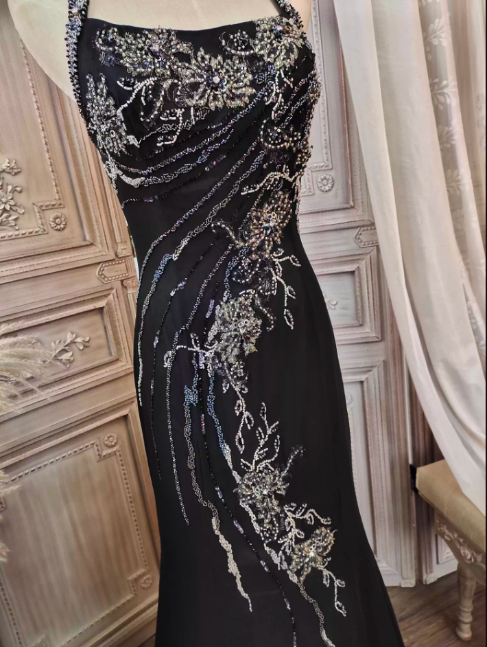 Vintage Black Mermaid Halter Neck Beaded Chiffon Long Prom Dress Evening Dress P4350