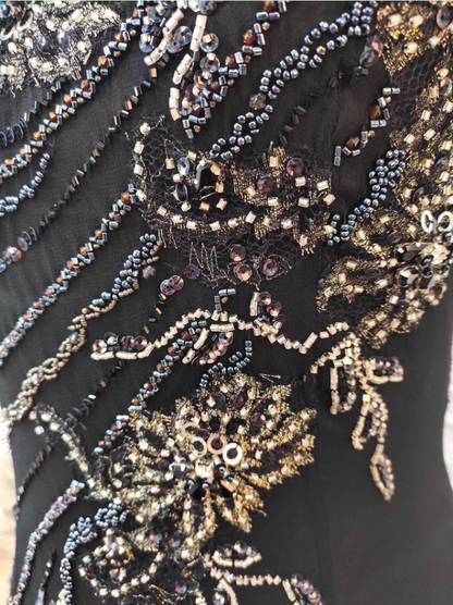 Vintage Black Mermaid Halter Neck Beaded Chiffon Long Prom Dress Evening Dress P4350
