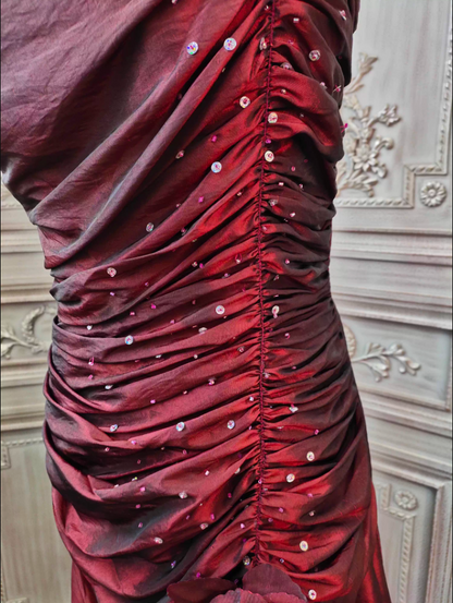 Elegant Vintage Burgundy Strapless Ruched Satin Long Prom Dress Evening Dress P4351