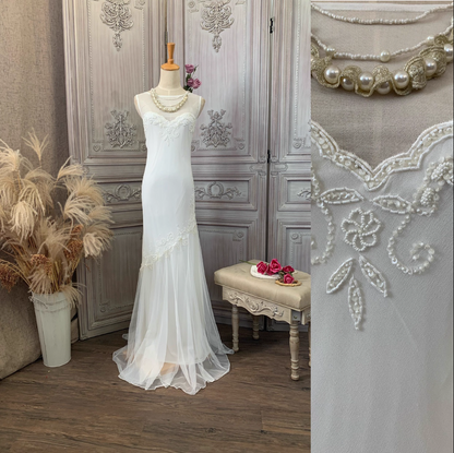 Elegant White Mermaid Sleeveless Beaded Chiffon Long Prom Dress Evening Dress P4352
