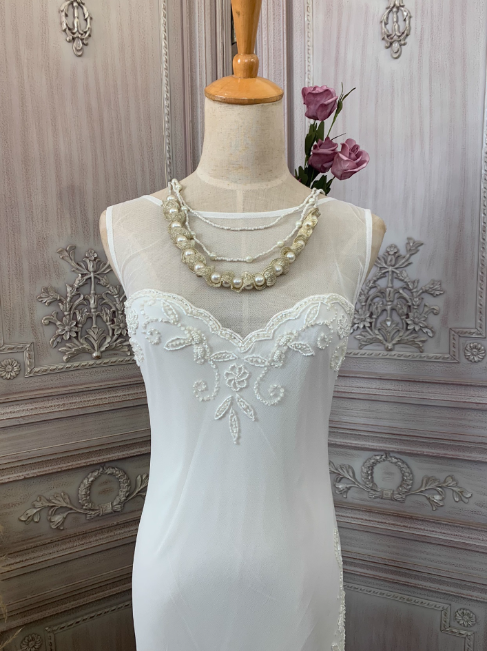 Elegant White Mermaid Sleeveless Beaded Chiffon Long Prom Dress Evening Dress P4352
