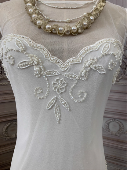 Elegant White Mermaid Sleeveless Beaded Chiffon Long Prom Dress Evening Dress P4352