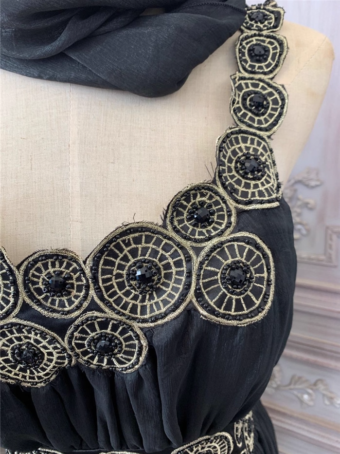 Vintage Court Black Embroidery Circular Pattern Black Diamond Chiffon Long Prom Dress Evening Dress P4353