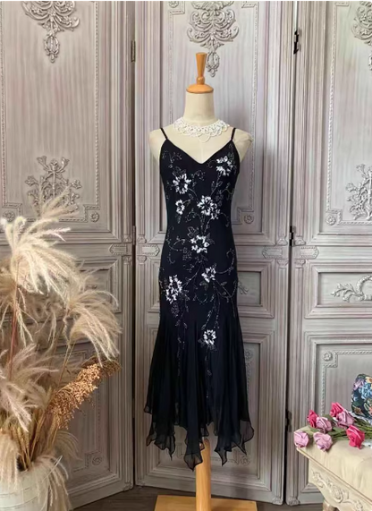 Elegant Black Mermaid Spaghetti Strap V-Neck Beaded Chiffon Long Prom Dress Evening Dress P4354