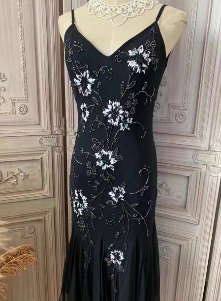 Elegant Black Mermaid Spaghetti Strap V-Neck Beaded Chiffon Long Prom Dress Evening Dress P4354