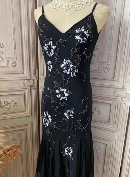 Elegant Black Mermaid Spaghetti Strap V-Neck Beaded Chiffon Long Prom Dress Evening Dress P4354