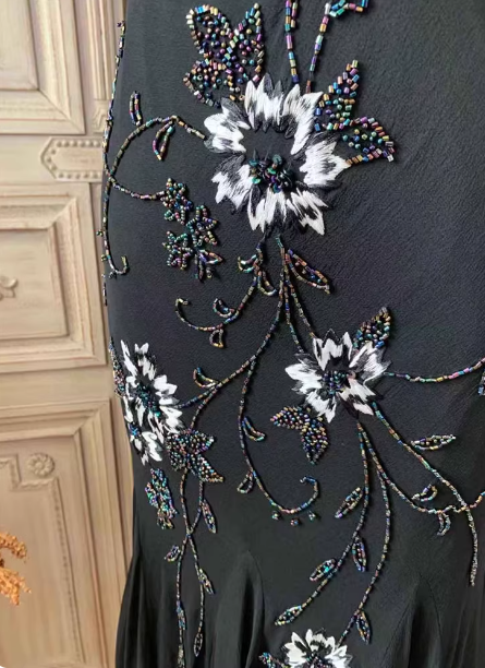Elegant Black Mermaid Spaghetti Strap V-Neck Beaded Chiffon Long Prom Dress Evening Dress P4354
