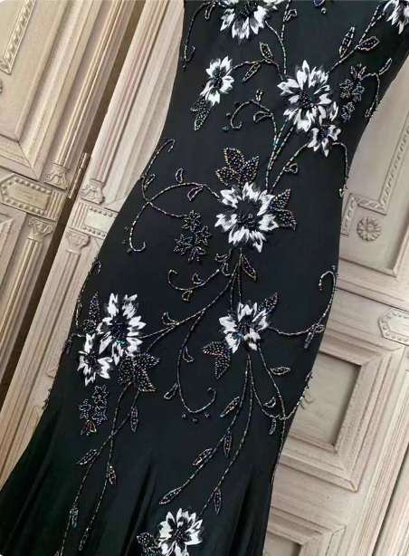 Elegant Black Mermaid Spaghetti Strap V-Neck Beaded Chiffon Long Prom Dress Evening Dress P4354
