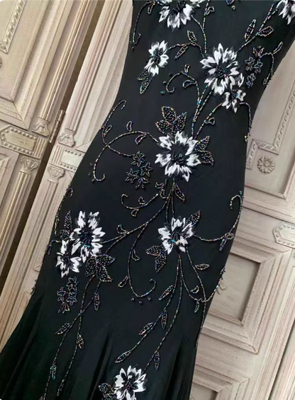 Elegant Black Mermaid Spaghetti Strap V-Neck Beaded Chiffon Long Prom Dress Evening Dress P4354