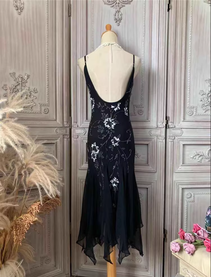 Elegant Black Mermaid Spaghetti Strap V-Neck Beaded Chiffon Long Prom Dress Evening Dress P4354