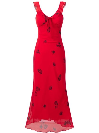 2025 Summer New Red Sexy V-neck Wood Ear Edge Floral Sleeveless Holiday Dress R0905