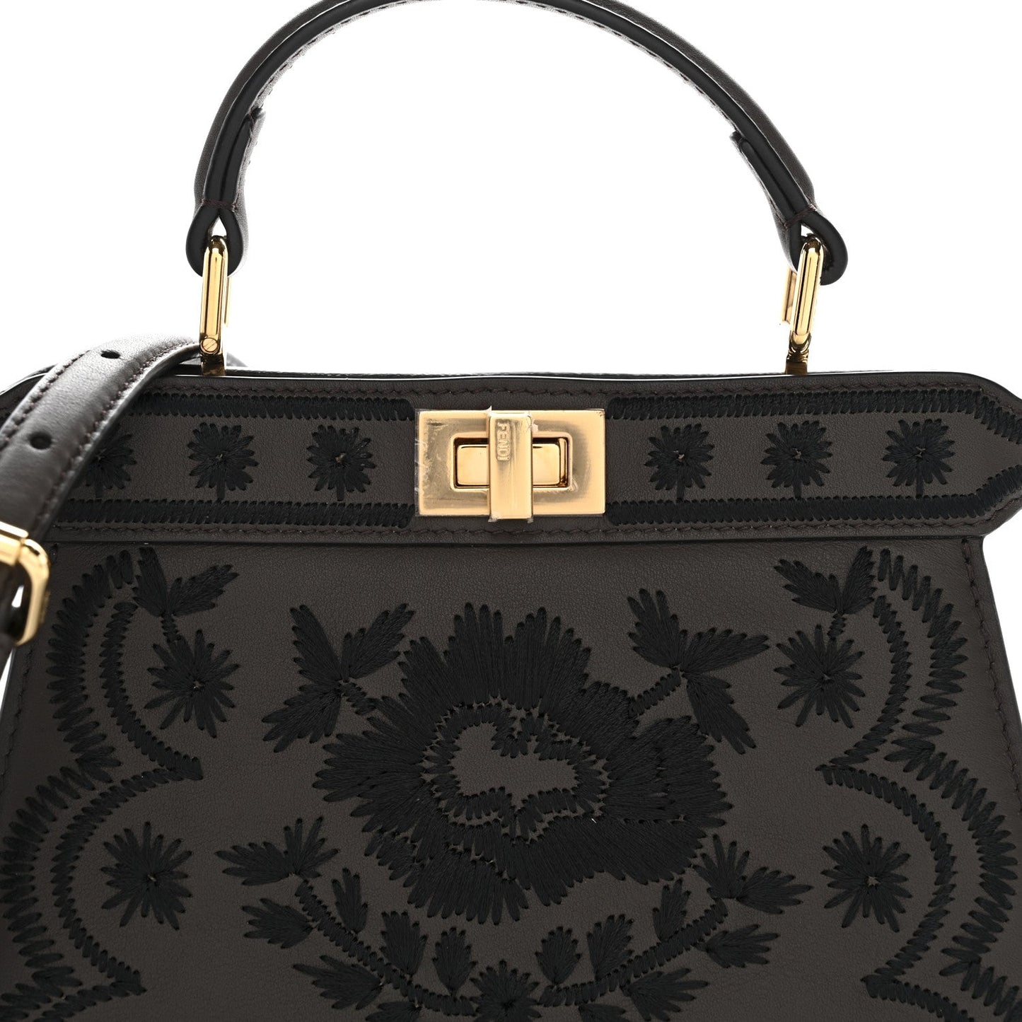 Vitello Seta Shiny Nappa Floral Embroidered Petite Peekaboo I SEE U Satchel Carbone Black
