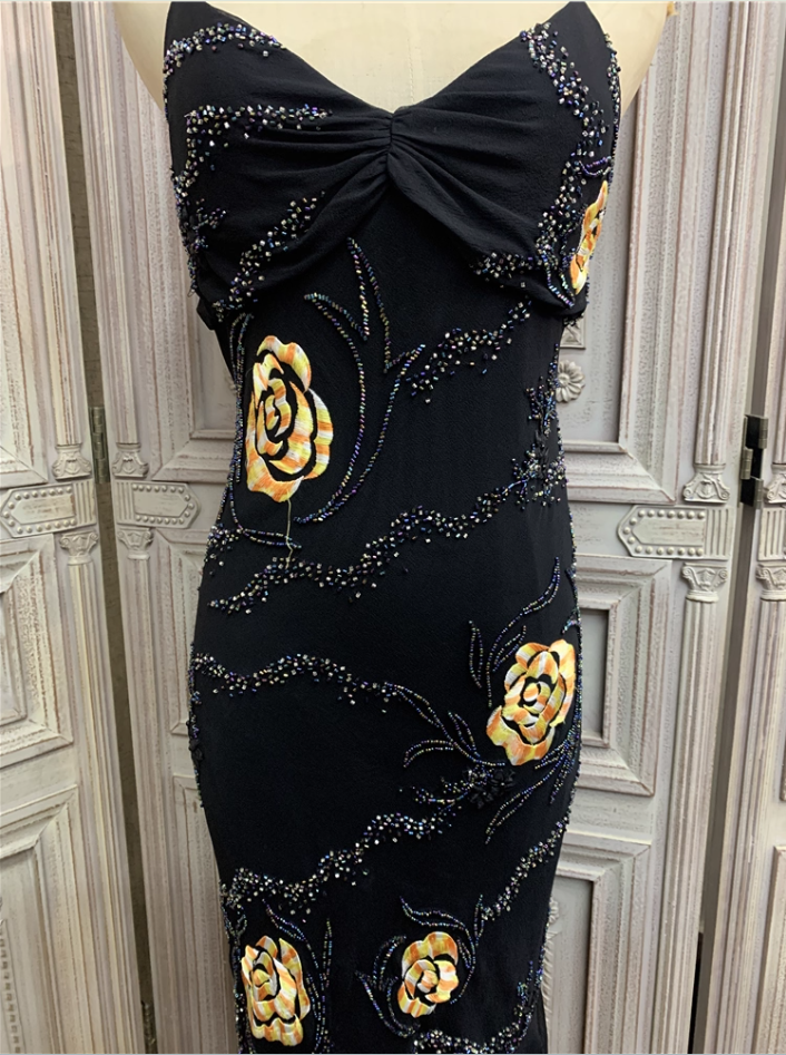 Vintage Black Mermaid Spaghetti Strap Gold Rose Beaded Embroidery Chiffon Long Prom Dress Evening Dress P4355
