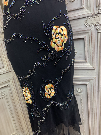 Vintage Black Mermaid Spaghetti Strap Gold Rose Beaded Embroidery Chiffon Long Prom Dress Evening Dress P4355