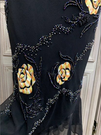 Vintage Black Mermaid Spaghetti Strap Gold Rose Beaded Embroidery Chiffon Long Prom Dress Evening Dress P4355